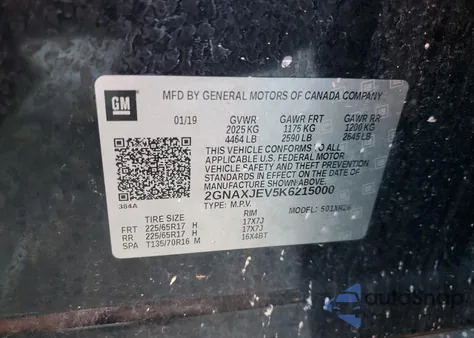 2019 Chevrolet Equinox Lt из США, поврежденный, VIN 2GNAXJEV5K6215000